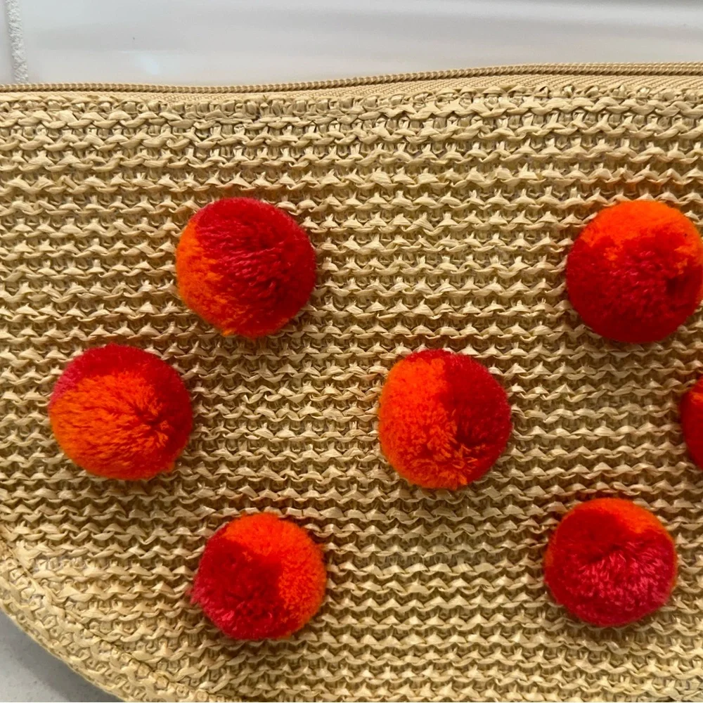 Brand New Ulta Beauty Wooven Half Moon Bag With Pink & Orange Pom Poms